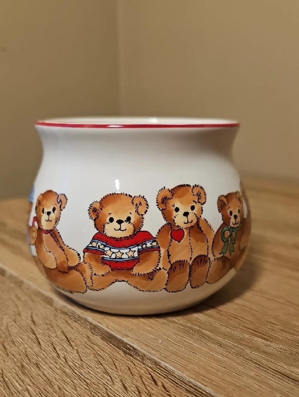 Vintage Enesco Lucy & Me White Ceramic Mug with Cute Bear Row and Red Rim